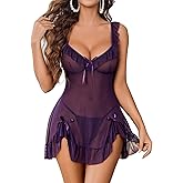 Avidlove Sexy Bow Split Side Ruffle Mesh Babydoll Lingerie Dress with Thong 2 Piece