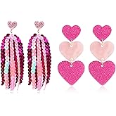 QLYOVWE Romantic Heart Sequin Tassel Earrings for Women Glitter Hot Pink Heart Stud Earrings Game Day Dangle Earring Valentine's Day Wedding Birthday Party Jewelry Gift