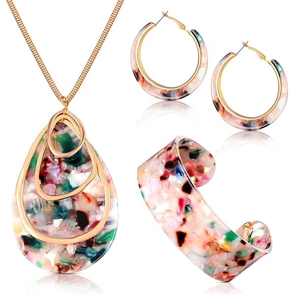 Highergo 2 Sets Acrylic Jewelry For Women - Statement Necklace, Earrings & Bracelet Marble Set - View #6
