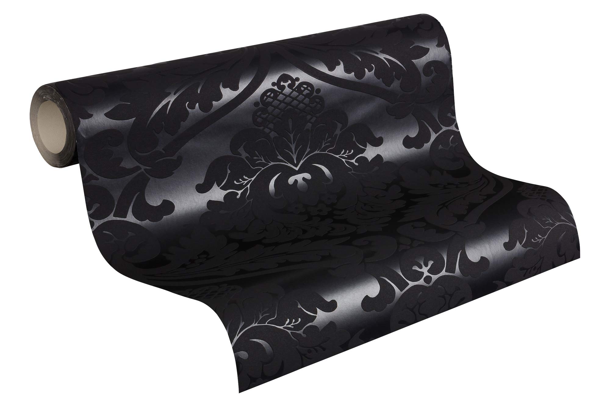 Livingwalls 552631 Classic Vintage Baroque Wallpaper in Black with Flock Damask Pattern,1'8'' x 32'11'' (0.53 x 10.05 m)