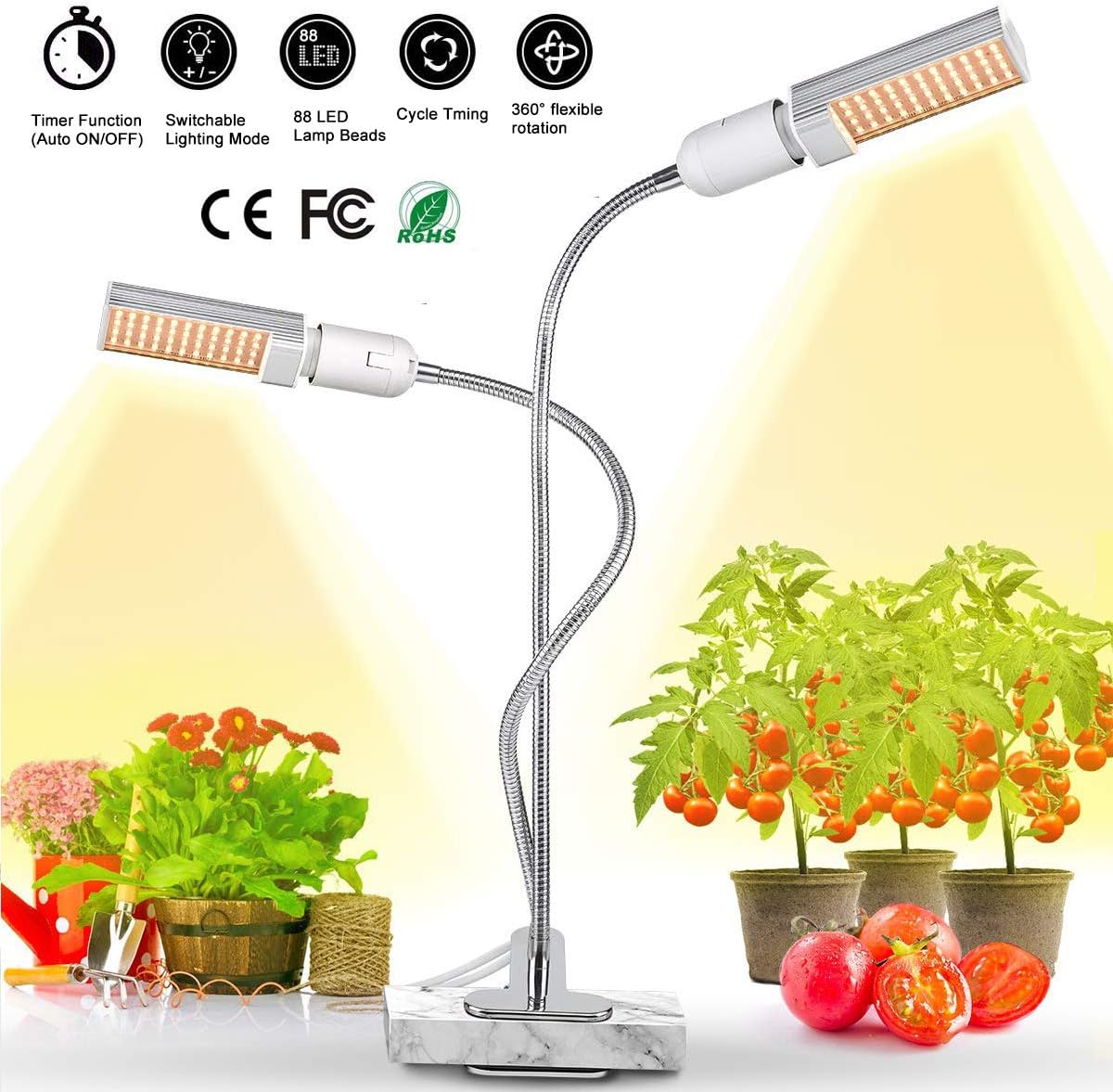 50W LED Grow Lights Bulb for Indoor Plants,Sunlike Full Spectrum Desk Grow Lamp 100 LEDs Timing