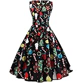 Christmas Dresses for Women Vintage Sleeveless Cocktail Dress Christmas Tree Santa Snow Printed Xmas Party Swing Dress