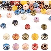 KISSITTY 60Pcs Colorful Natural Round Wood Bead Large Hole Wooden Craft Beads Bulk with Mesh Pattern Ball Mixed Pattern Loose Spacer Beads for Bracelets Necklaces Keychains Jewelry Making
