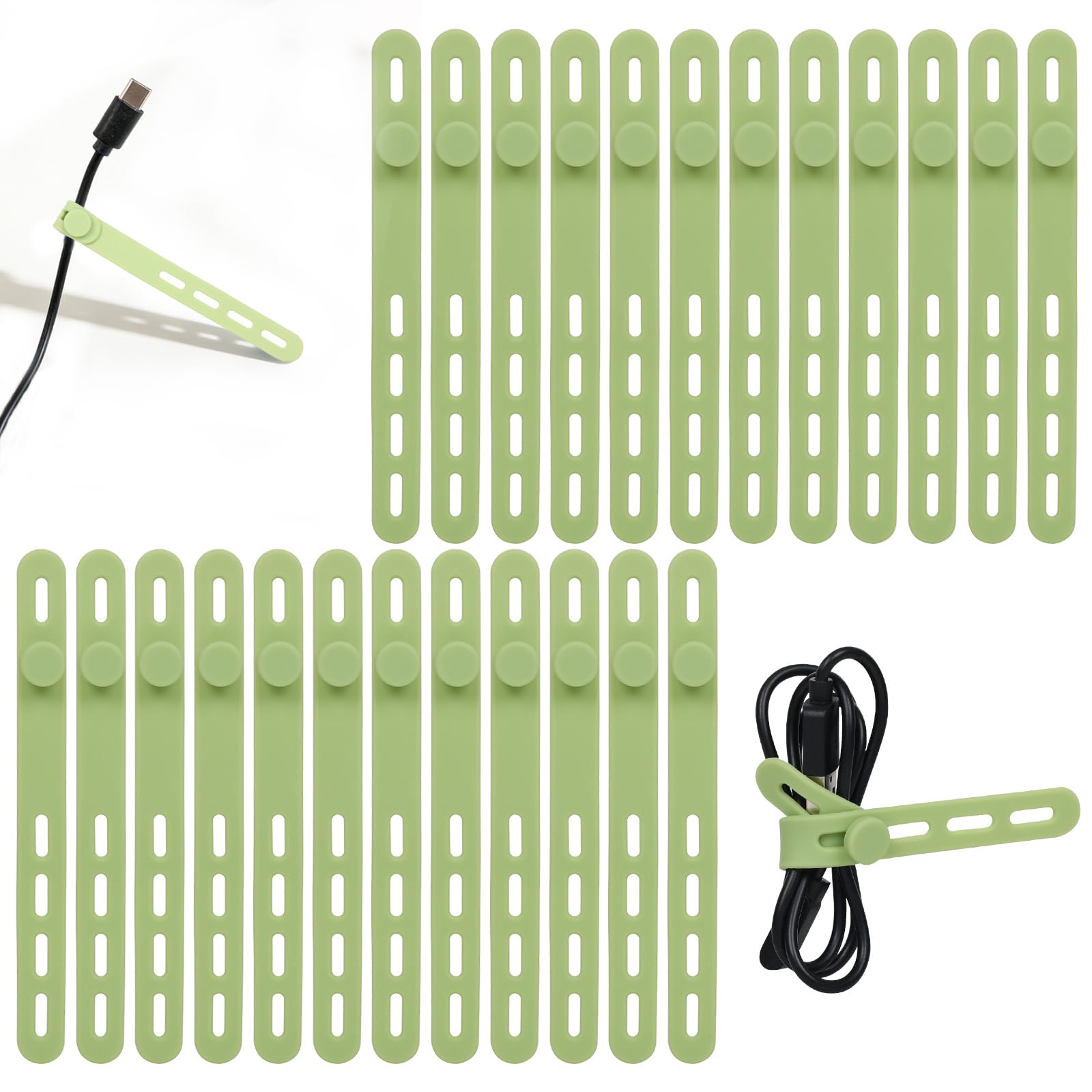 Donruby 24Pcs Silicone Cable Ties - Reusable & Washable with Locking Buckles, Adjustable Fastening Cable Management Straps, Multi-Purpose High Elasticity Cord Organizer (Matcha Green)