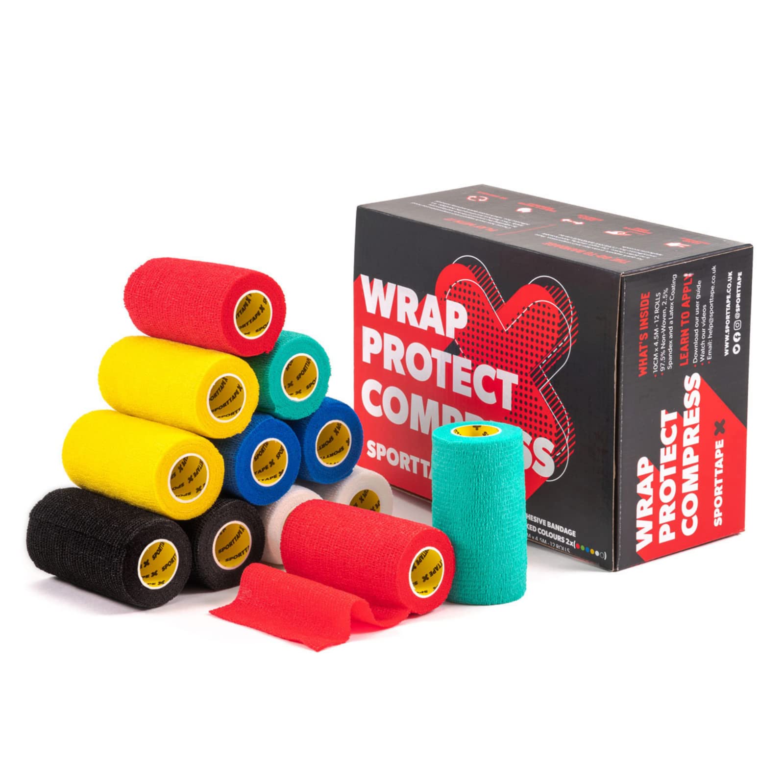 Box of 12 Rolls - SPORTTAPE Cohesive Bandage | Self Adhesive Vet Wrap - 10cm x 4.5m - Mixed Colours | Dog Bandage, Horse Vet Wrap for Paws, Tails and Wounds | Football Sock Wrap & Compression Bandage