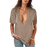 UNCLECAT Womens Deep V-Neck T Shirts Sexy Short Sleeve Tops Summer Oversized Tee