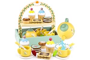 AIRLAB Wooden Tea Sets for Little Girls 1-3 Play Food Cake Toys Toddlers 3-5 Kitchen Accessories Pretend Play Princess Playset for 2 3 4 5 6 Year Old Girl Boy Party Birthday Gift