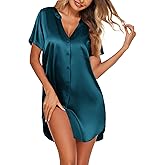 Ekouaer Women's Satin Nightshirt Button Down Sleepshirt Silk Short Sleeve Nightgown V Neck Sleepwear Night Shirts