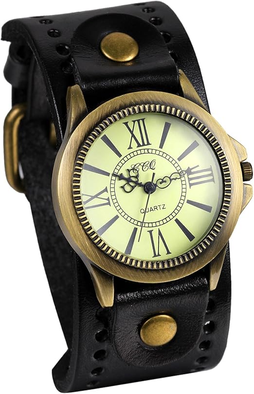 JewelryWe Vintage Leather Strap Wide Band Wristwatch Cuff