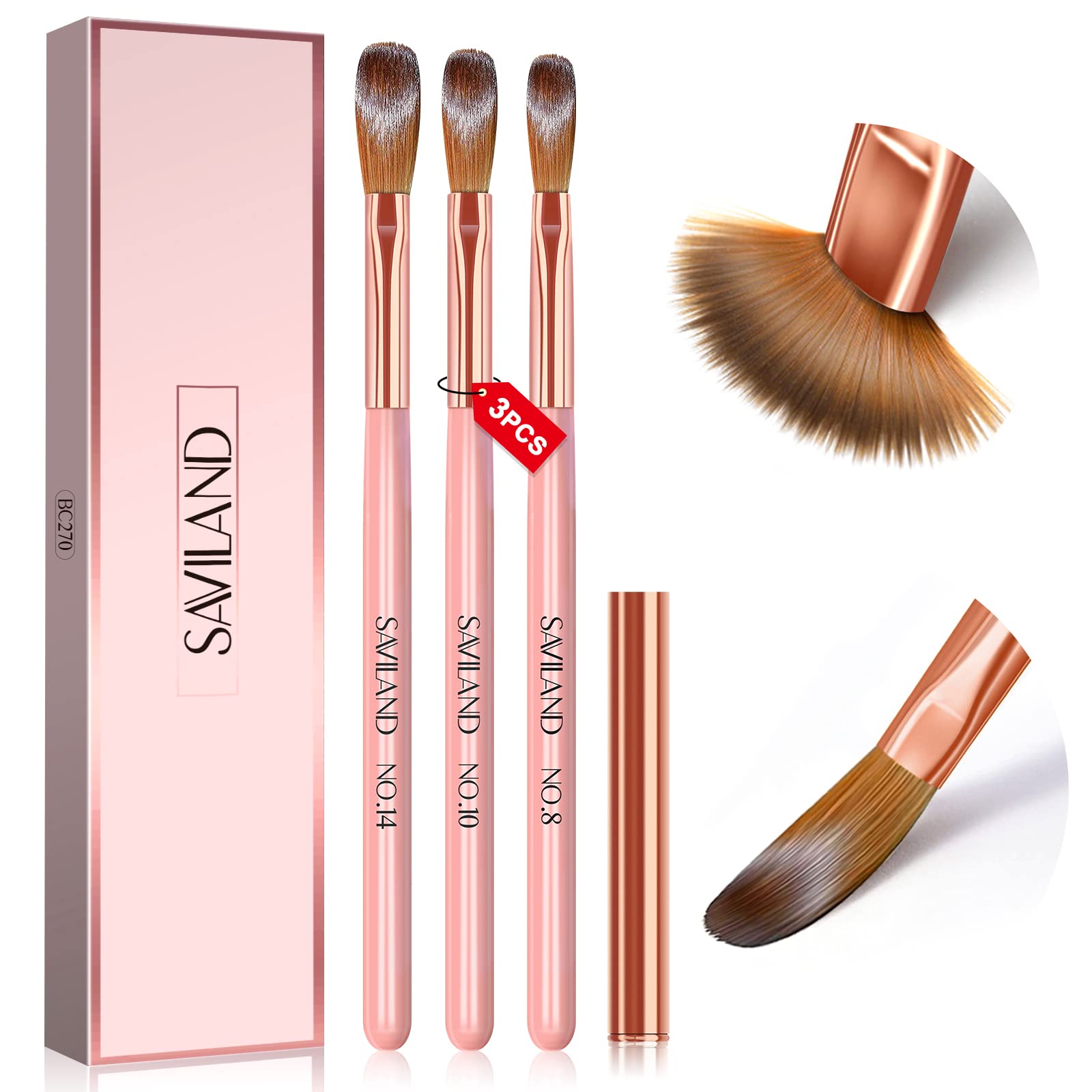 Saviland 3 PCS Kolinsky Acrylic Nail Brush: Size 8/10/14 Premium Quality Durable Nail Brush for Acrylic Powder Monomer Liquid Nails Extension&3D Nailcarving Tool