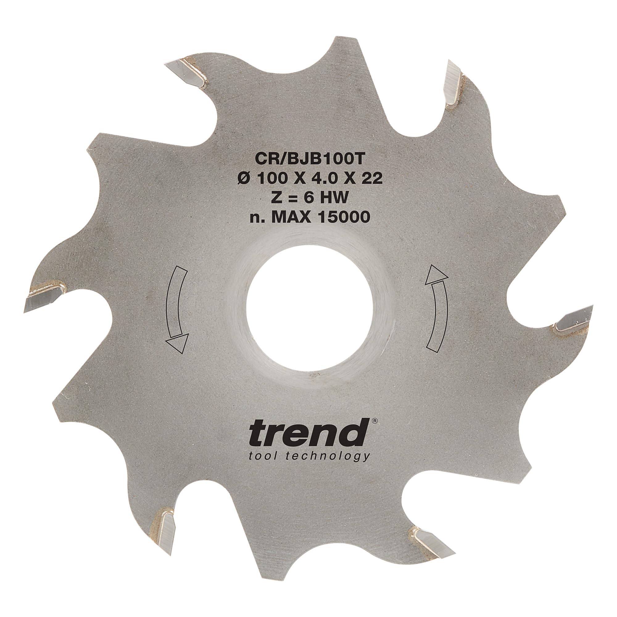 Trend Biscuit Jointer Saw Blade, 100mm Diameter, 22mm Bore, 6 Teeth, 4mm Kerf, +18° Hook, TCT, , CR/BJB100T