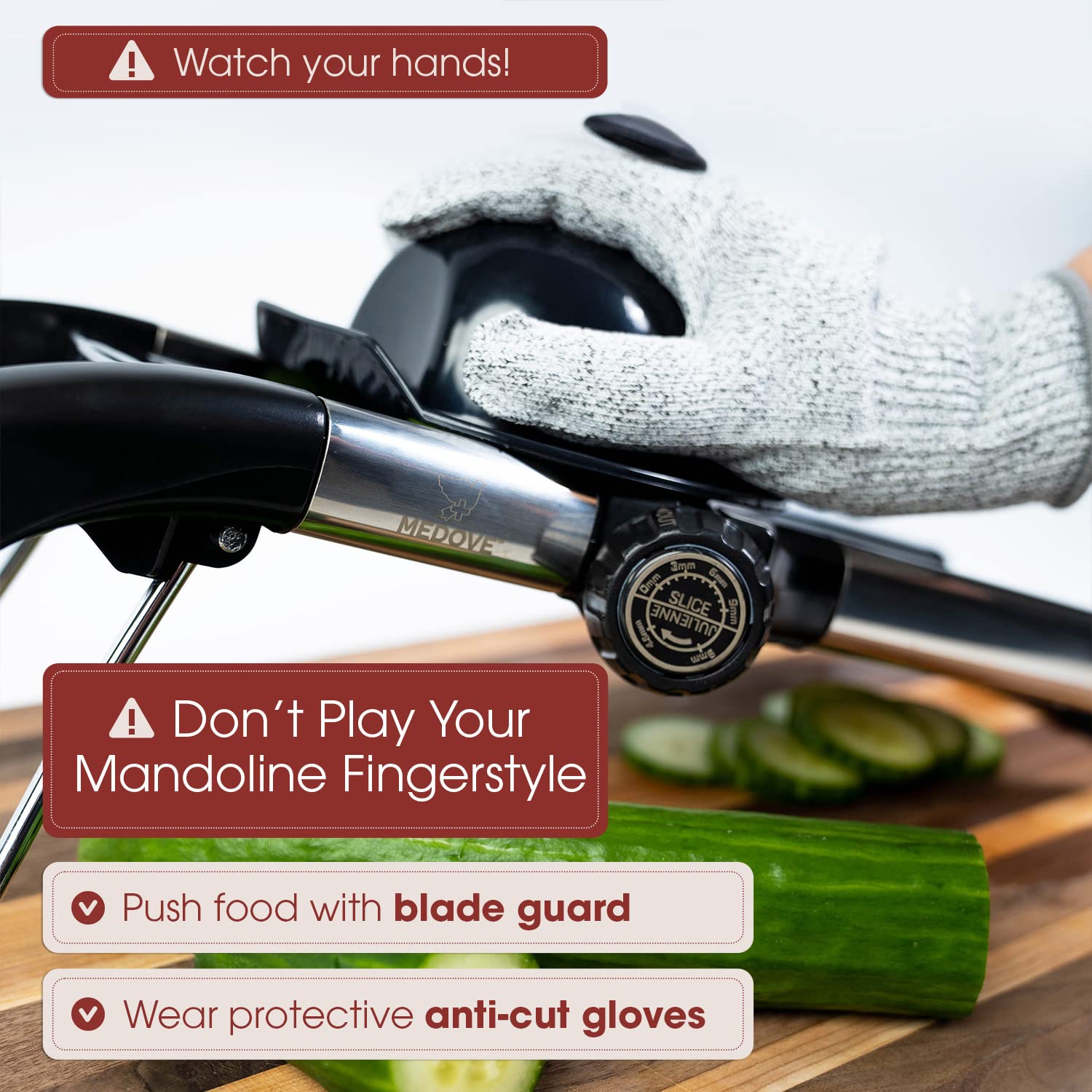 Stainless Steel Mandoline Slicer for Kitchen – 6-Setting Adjustable, 16.5 x 5 In. Platform, Hand Guard, Cut-Resistant Gloves – Vegetable Chopper, Meat Slicer, Cheese Slicer by Medove