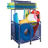 Hutigertech Rolling Pool Storage Bin Cart with Noodle Holder Top Shelf | Removeable Pool Storage Organizer Top Shelf Nylon Mesh Basket for Goggles, Floats, Balls and Floats Equipment