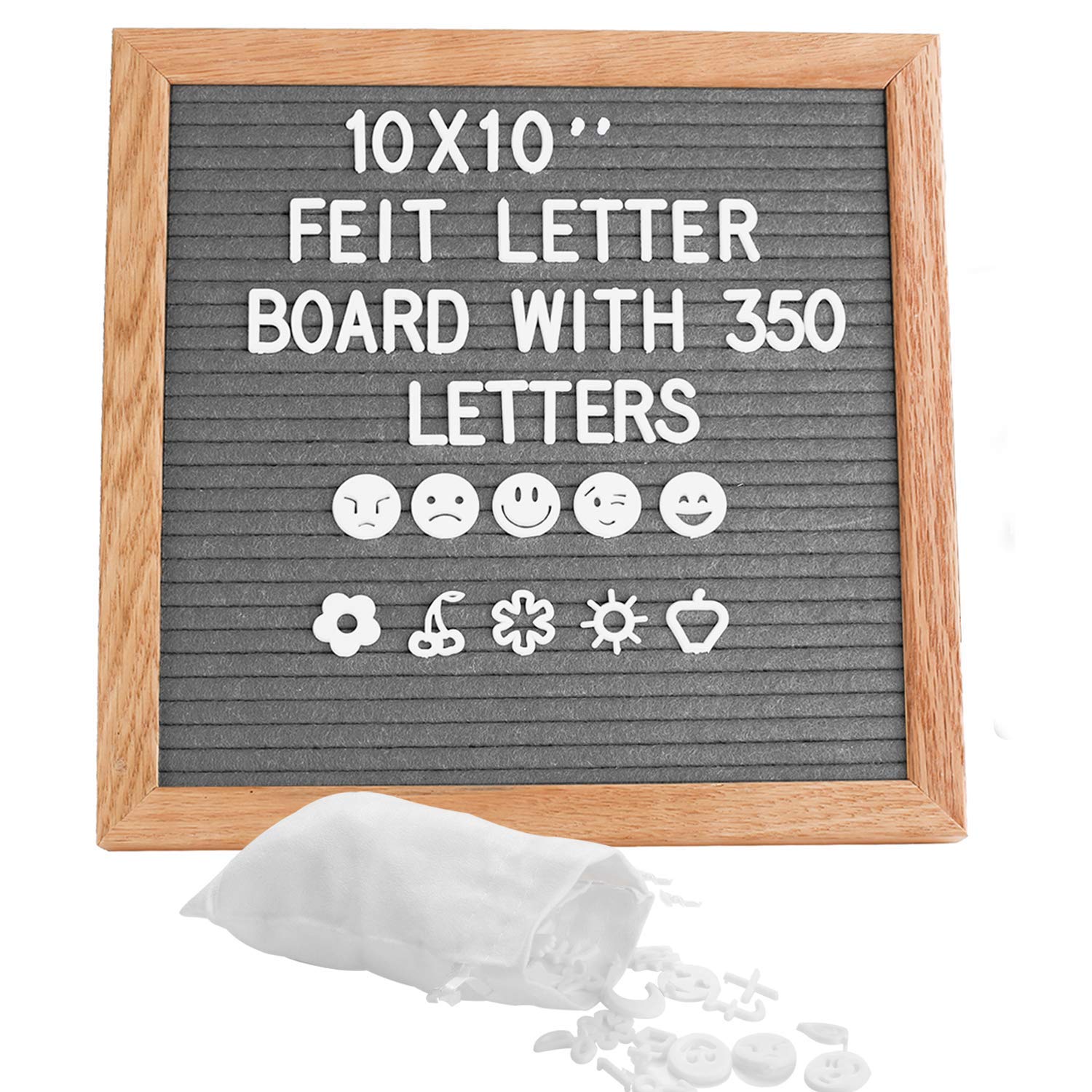 Grey Square Felt Letter Board 10x10 Inch with 350 White Plastic Letters - Easel, Drawstring Bag and Oak Peg Boards for Home Decoration