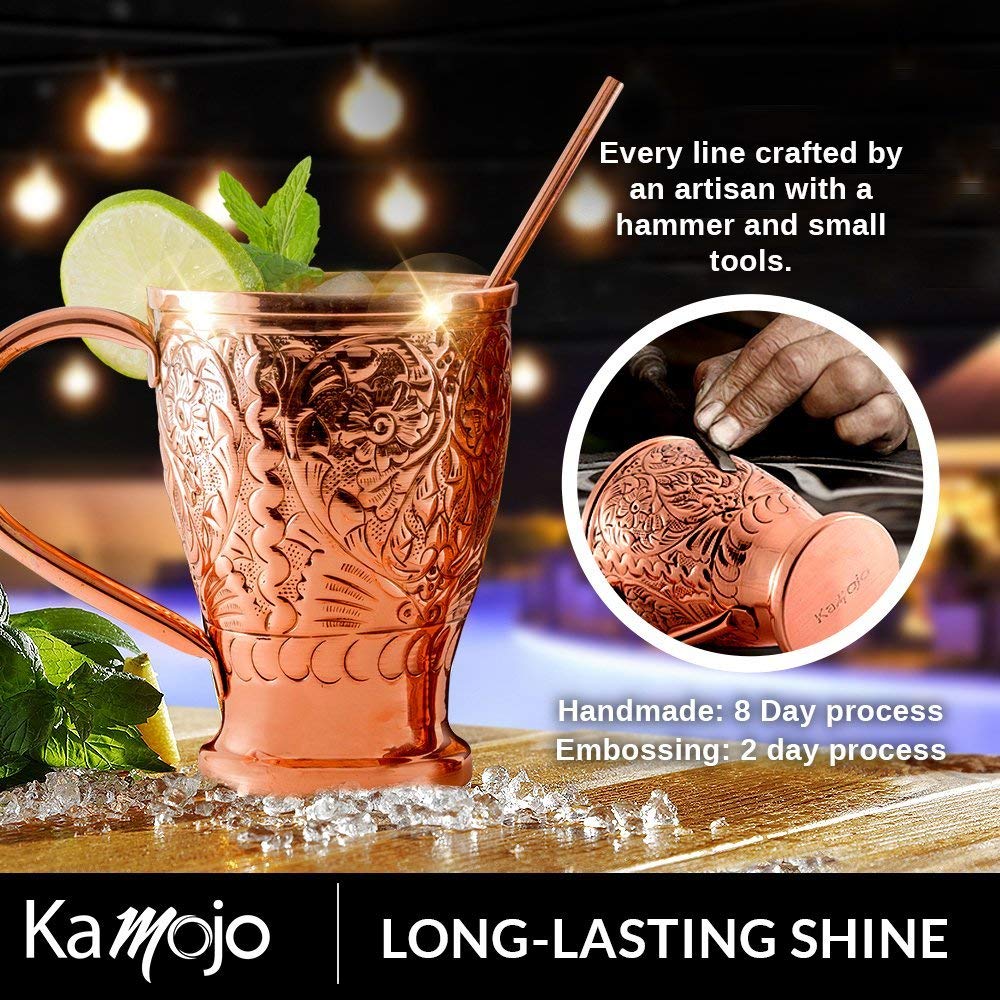 Moscow Mule Pure Copper Mugs Stunning Embossed Gift Set of 4 Copper