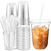 Ziliny 50 Sets Clear Plastic Cups with Lids and Straws, Disposable Iced Coffee Cups Drinking PET for Cold Drinks, Juice, Smoothie, Coffee Shops, Party, Christmas(Clear,16 oz)