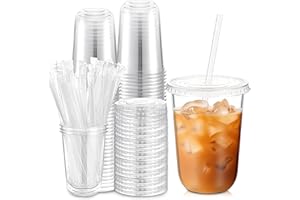 Ziliny 50 Sets Clear Plastic Cups with Lids and Straws, Disposable Iced Coffee Cups Drinking PET for Cold Drinks, Juice, Smoothie, Coffee Shops, Party, Christmas(Clear,16 oz)