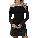 Gleeneat Long Sleeve Sexy Tops for Women Off The Shoulder Shirt Slim Going Out Ruched Fall Trendy Clothes
