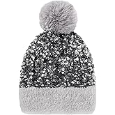 LEOMOSTE Women Girls Winter Sequin Beanie Hat with Faux Fur Pom Pom Knit Skull Cap