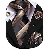 Hi-Tie Mens Tie Set Silk Striped Woven Necktie with Lapel Pin Pocket Square Cufflinks Set for Wedding Party