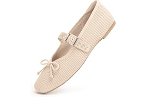 FancyRing Women's Square Toe Flats With Bowknot, Mary Jane Ballet Washable Knit Shoes, Adjustable Straps, Comfortable Office Wear