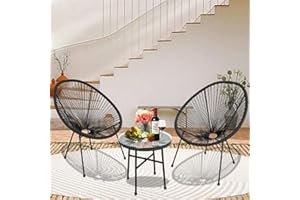 Furnivilla 3 Piece Acapulco Conversation Set, Patio Bistro Set, All Weather Patio Set, Outdoor Furniture Rattan Chair Sets,Glass Top Table and 2 Chairs for Indoor,Lawn, Garden, Poolside (Black)