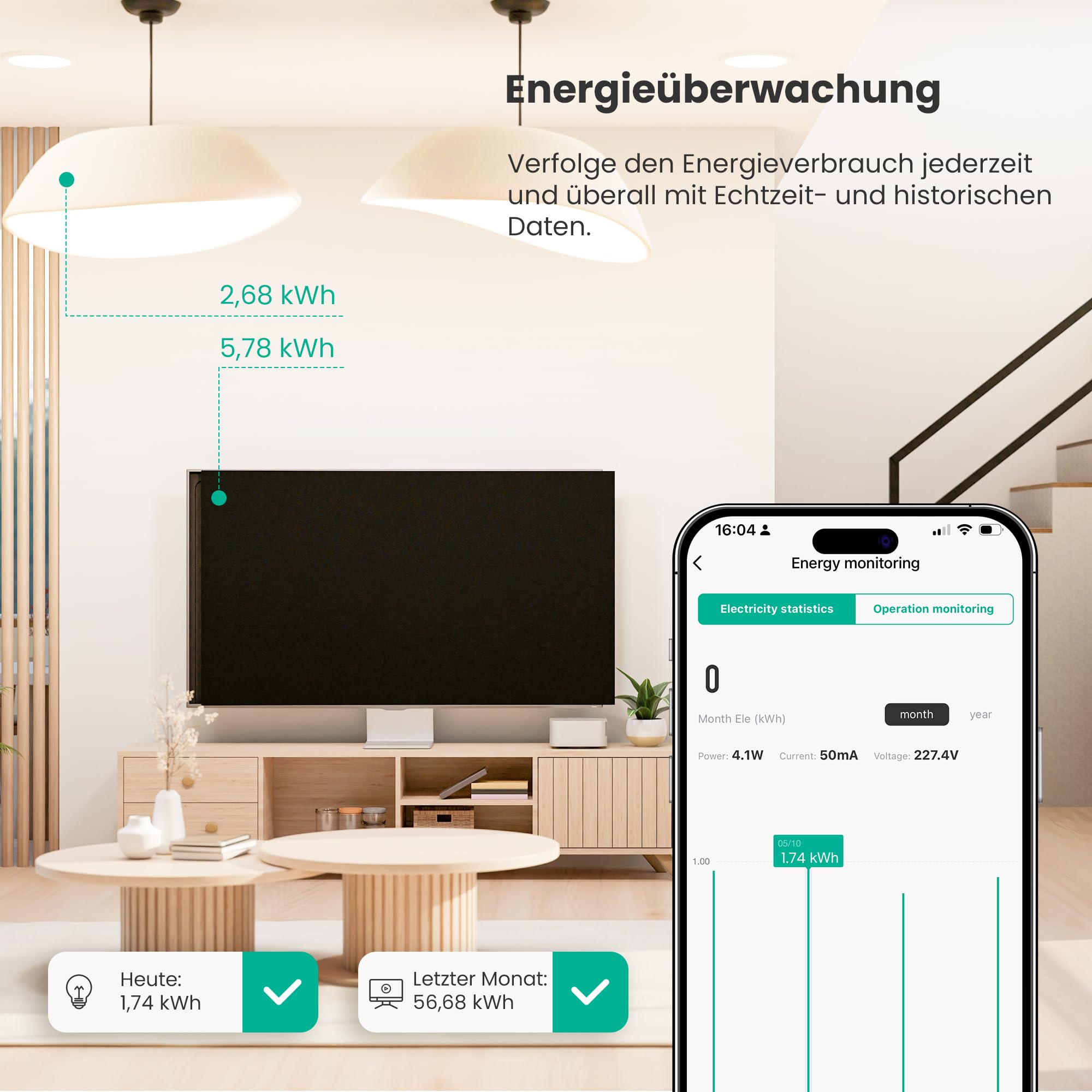 UPXNBOR Smart Steckdose, 16A Smart Home WLAN Steckdose mit Strommessung, Alexa Socket Funktioniert mit Alexa, Google Home, Timer & APP Fernzugriff, Kein Hub notwendig, Nur 2.4GHz WiFi (4er Pack) 6