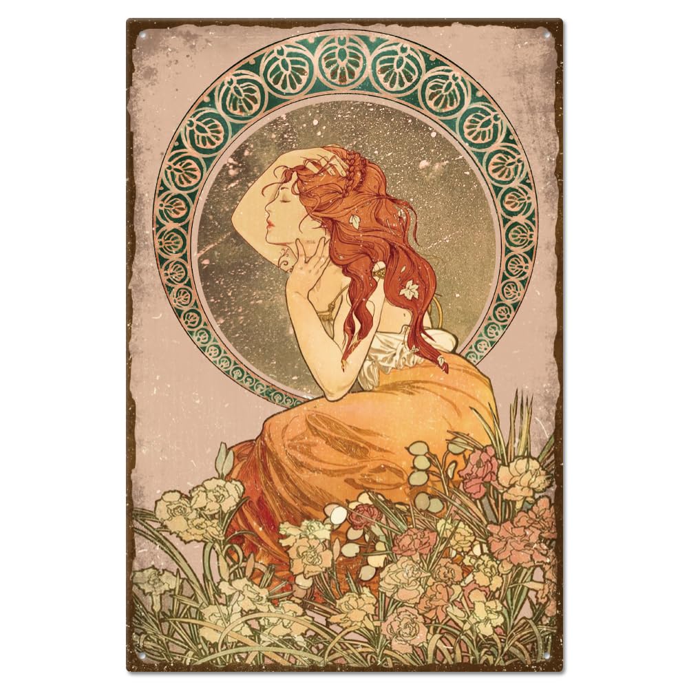 GLOBLELAND Vintage Metal Mucha Tin Sign - Long Hair Woman Art Nouveau Beauty Surrounded by Flowers - Retro Wall Decor for Restaurants Bars Pubs Club - 12x8inch