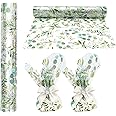 Whaline Eucalyptus Cellophane Wrap Roll Greenery Clear Wrapping Paper Green Leaves Plastic Gift Basket Wrap for Wedding Birthday Baby Shower Party Candy Treat DIY Craft Supplies, 32 Inch x 100 Ft