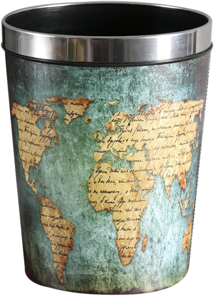 Lingxuinfo 12L Retro Style PU Trash Can Wastebasket Waste Paper Bin Paper Basket Uncovered Waste Bin Dustbin Garbage Bin for Kitchen Bedroom Office (Map Pattern)