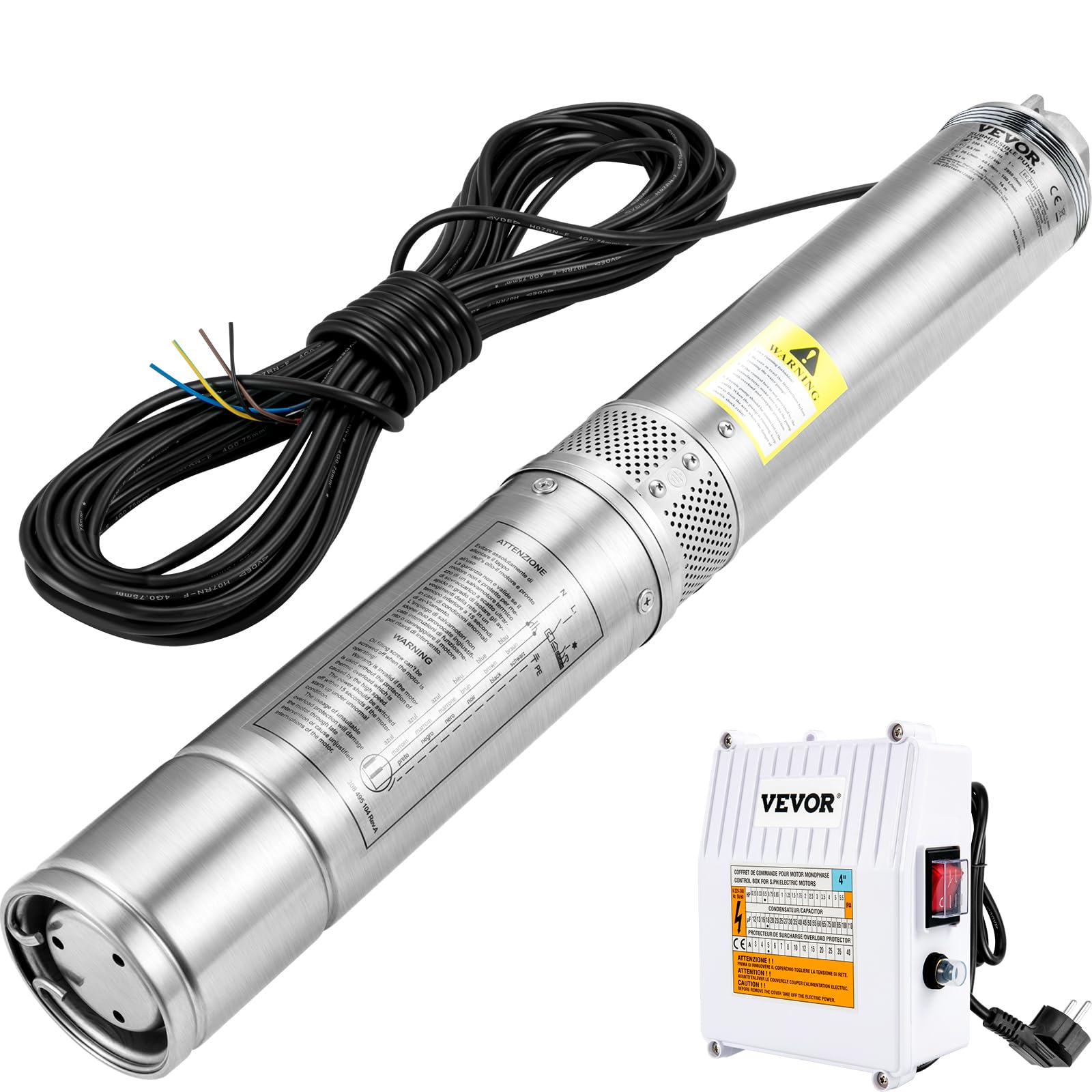 VEVOR 4'' Tiefbrunnenpumpe 370W Brunnenpumpe 110L/min Tauchpumpe max. Förderhöhe 44m Rohrpumpe 230V 50Hz Edelstahl Wasserpumpe 040℃ Pumpe Ideal zum Bewässern WasserVersorgen Entwässern, Silber 4