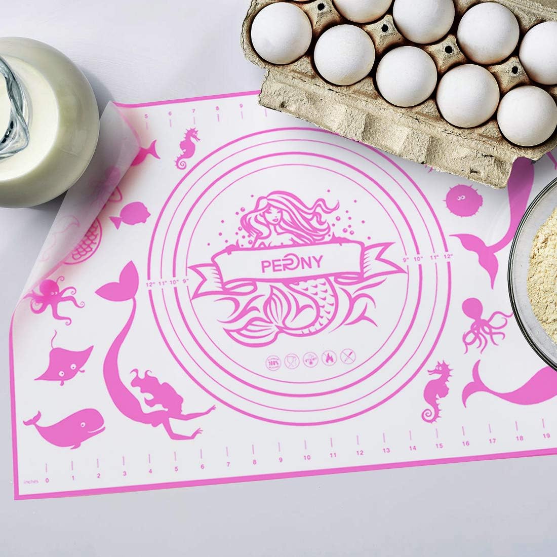 PERNY Mermaid Silicone Pastry Mat, Non-slip With Measurement Fondant Mat 24'' By 16'' for Silicone Counter Mat, Dough Rolling Mat, Pie Crust Mat, Baking Mat