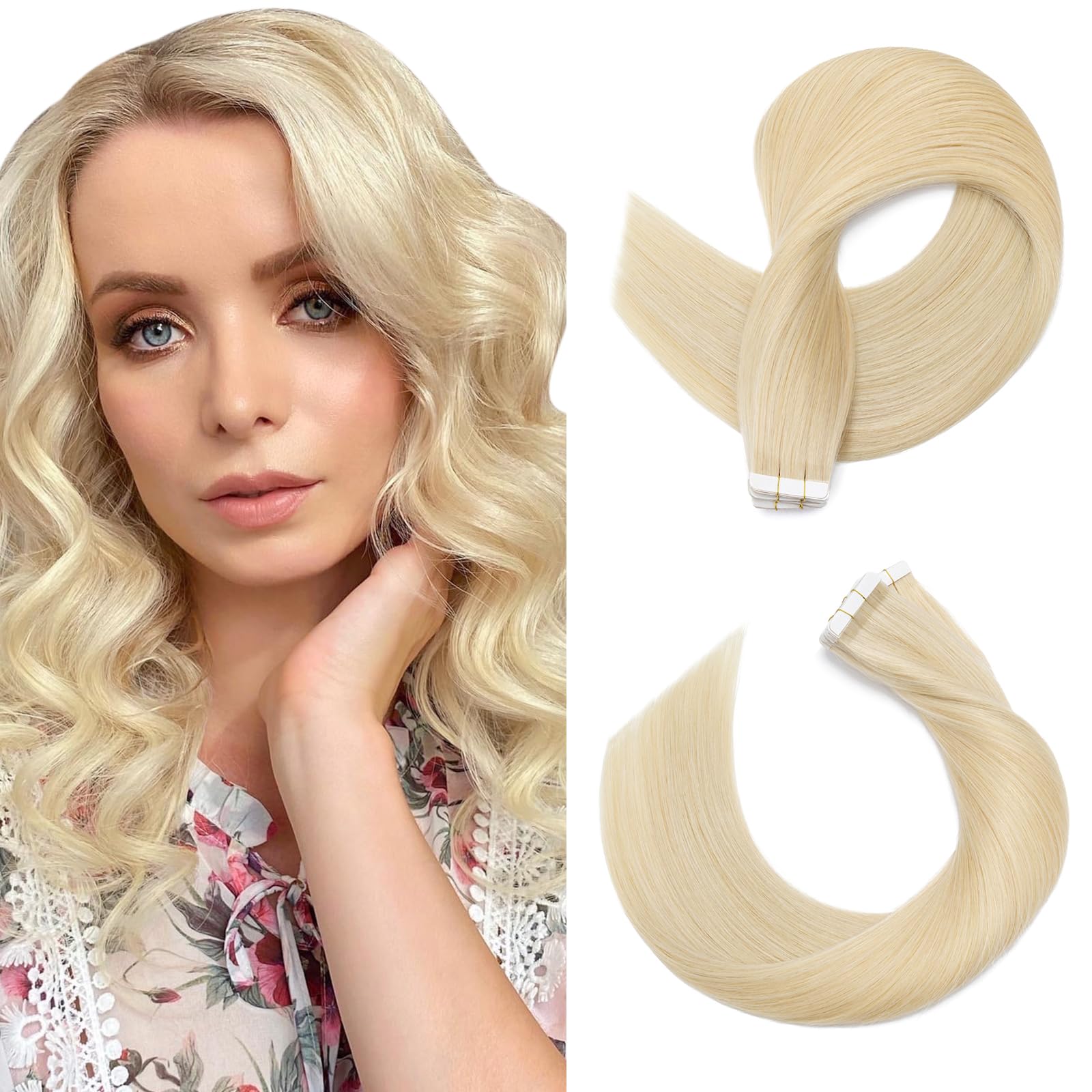 SEGOHAIR Tape in Hair Extensions Human Hair, 12" Invisible 10Pcs Real Hair Straight Natural Remy Tape Hair Extensions - Bleach Blonde — image 1