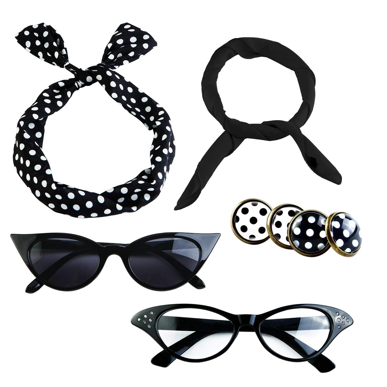 Photo 1 of Aneco 6 Pack 50s Set Chiffon Scarf Cat Eye Glasses Bandana Tie Headband Earrings