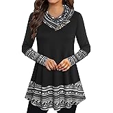 Bebonnie Cowl Neck Tunics Long Sleeve Patchwork Form Fitting Casual A-Line Top Blouse