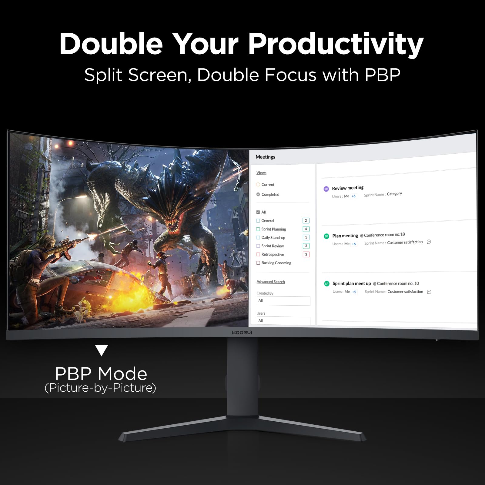 KOORUI 34E6UC 34 Zoll Ultrawide Curved Gaming Monitor, PC Bildschirm 200Hz, 1MS HDR 400, 1000R, UWQHD 3440x1440, Adaptive Sync, 2xHDMI & Display Port, VESA 75x75mm, DCI-P3 90% Höhenverstellbar 8