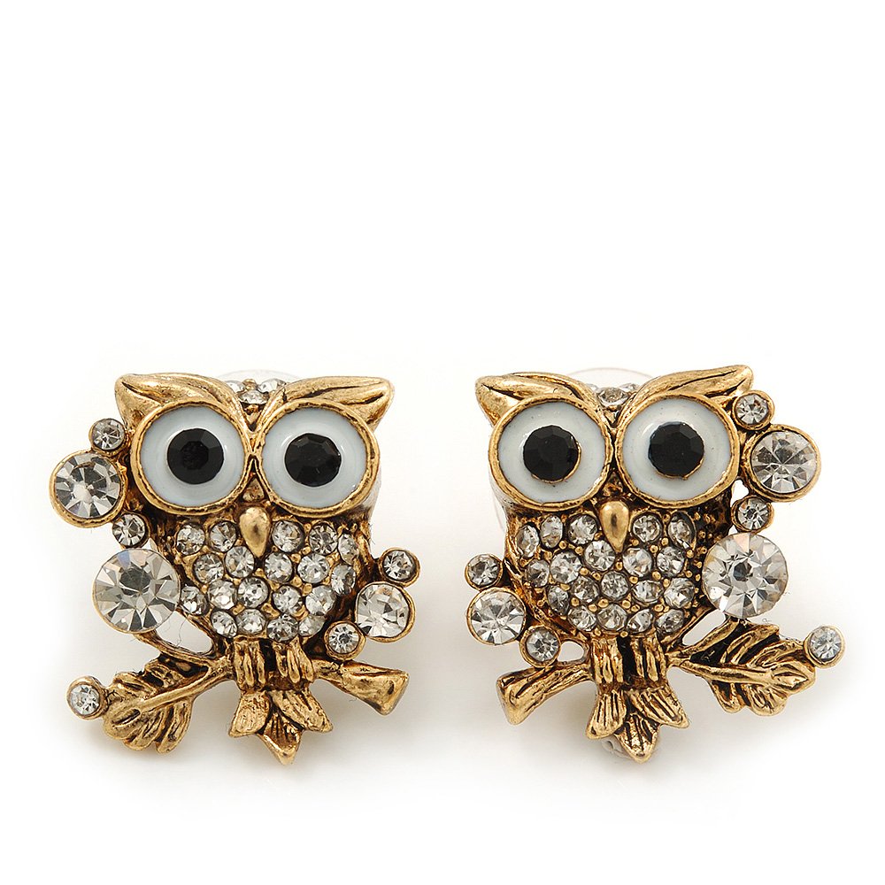 Wise Owl Crystal Stud Earrings/Gold Tone/ 2cm L