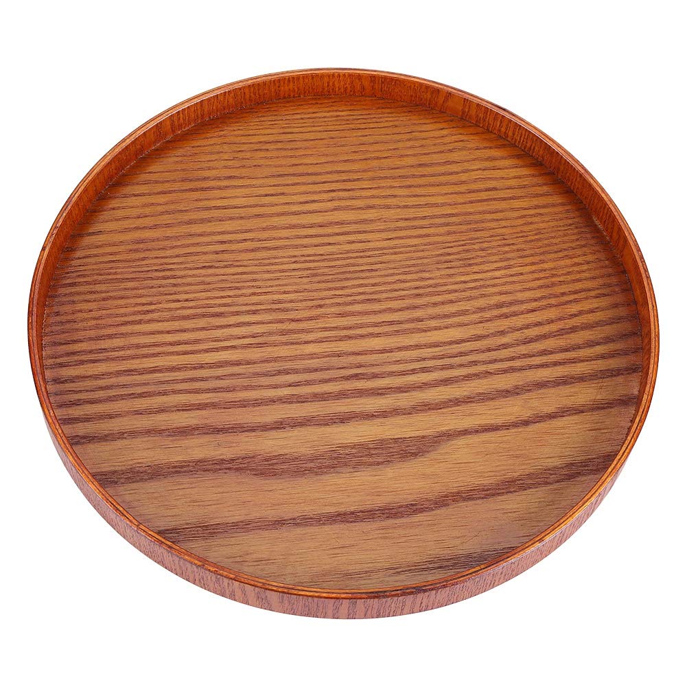 Round Natural Wood Serving Tray, Tea Coffee Snack Plate with Raised Edges (27cm)