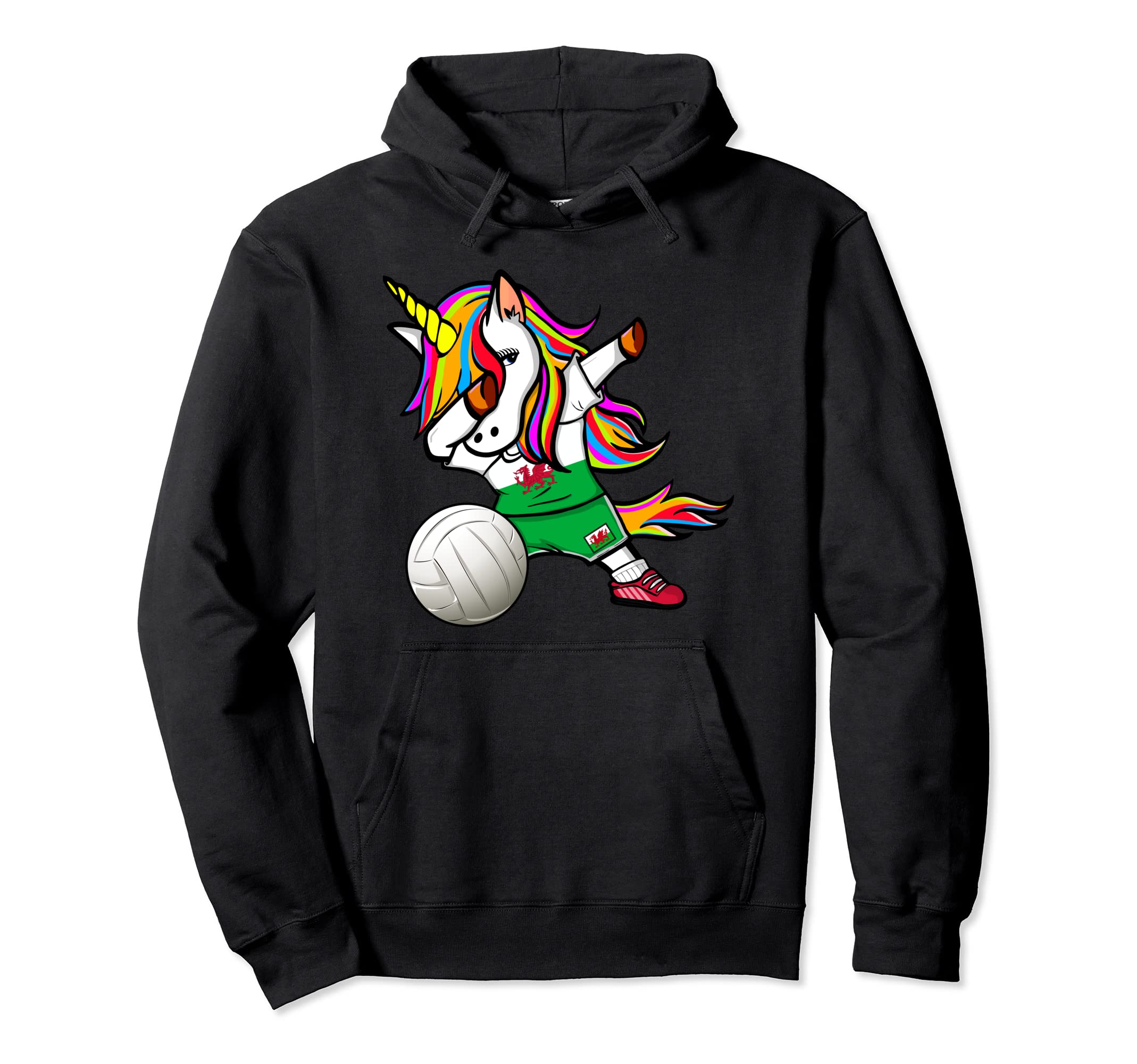 Dabbing Unicorn Wales Volleyball Fans Jersey - Welsh Flag Pullover Hoodie