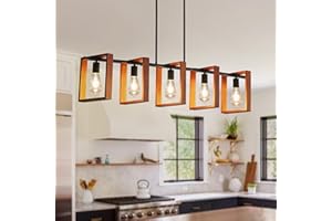 HUMHOLD 5-Light Kitchen Island Lights Pendant Light Farmhouse Dining Room Light Fixture, Rustic Wood and Black Metal Rectangular Chandelier, Hanging Lighting for Living Room, Bar