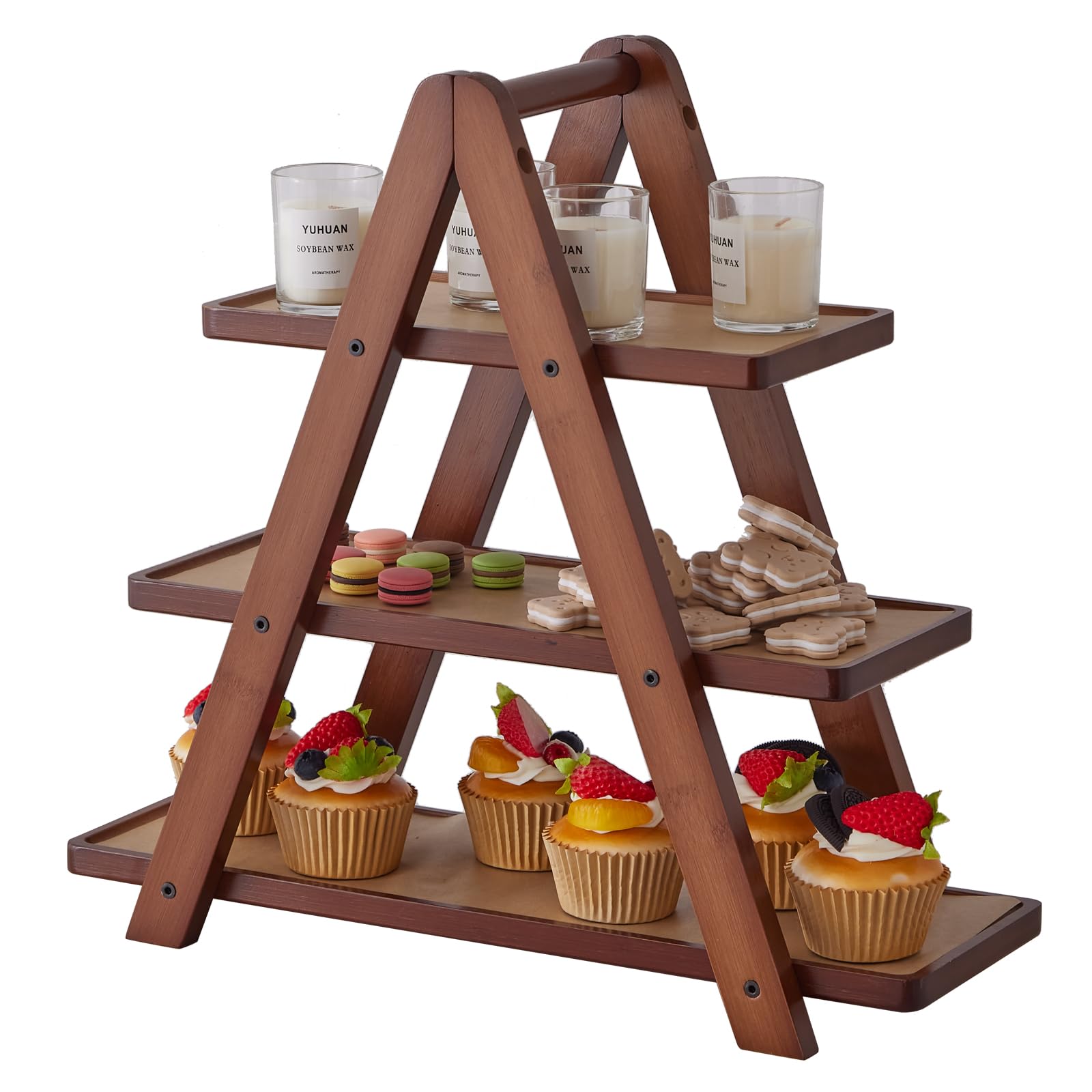Photo 1 of 3 Tier Serving Tray, Cupcake Stand,Party Serving Decorative Tray Decor with 3 Bamboo Serving Platters for Fruit Dessert Presentation (Brown)