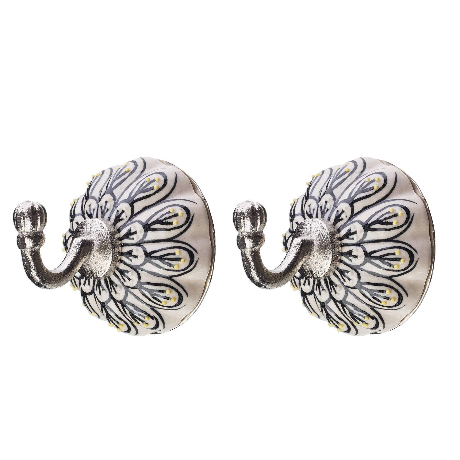 Tranquillo 2 Coat Wall Hooks with White/Black/Yellow Ceramic Decoration Ø 6cm, 9 cm length Home Present