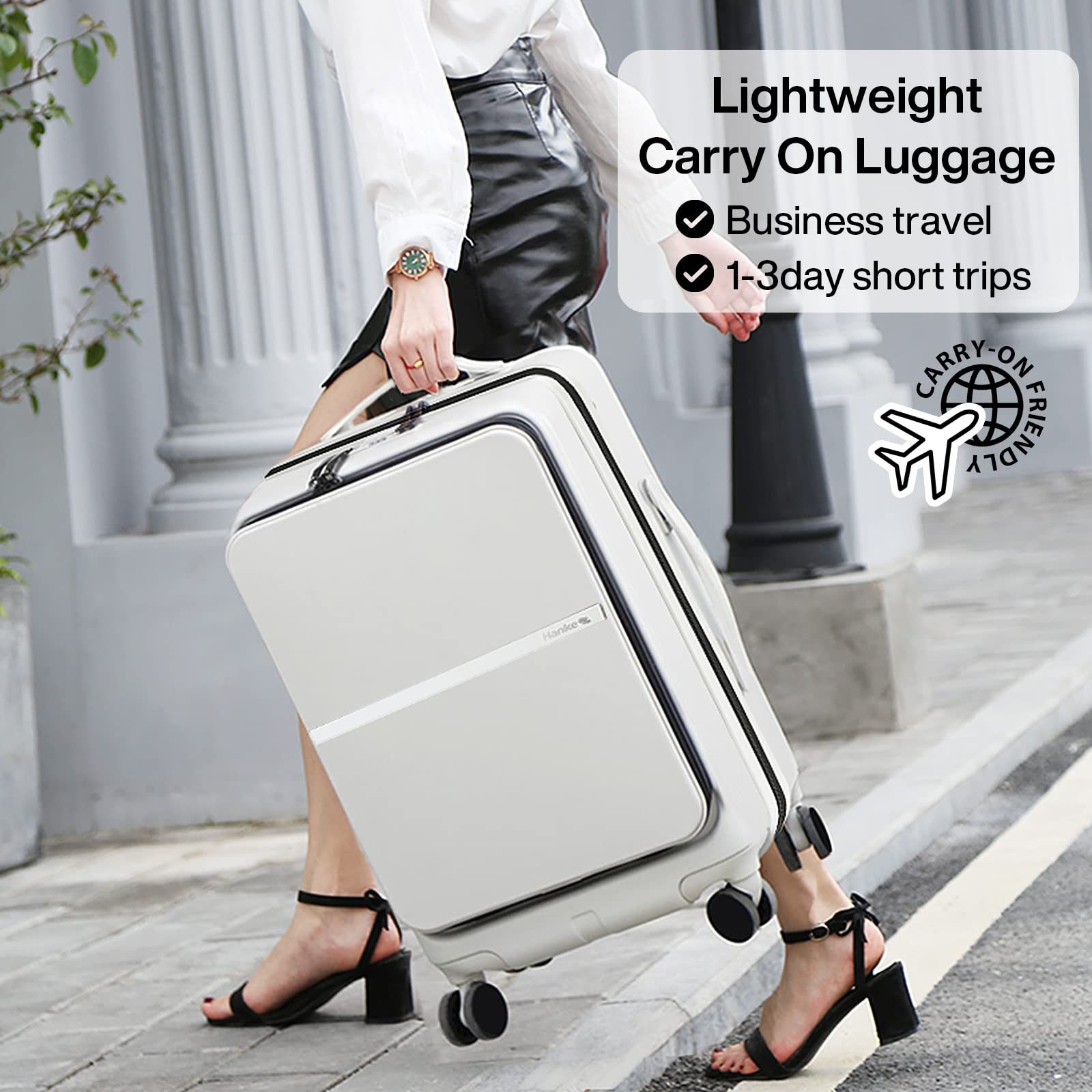 Hanke 20 Inch Carry On Luggage Airline Approved Hard Shell Suitcases with Wheels & Front Pocket Travel Luggage Lightweight Carry On Suitcase for Travel Rolling Luggage(Grayish white)
