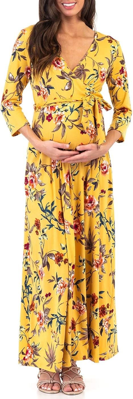 Mother Bee Maternity Faux Wrap Maternity Dress with Adjustable Belt for Baby Shower Or Casual Wear at  Women’s Clothing store