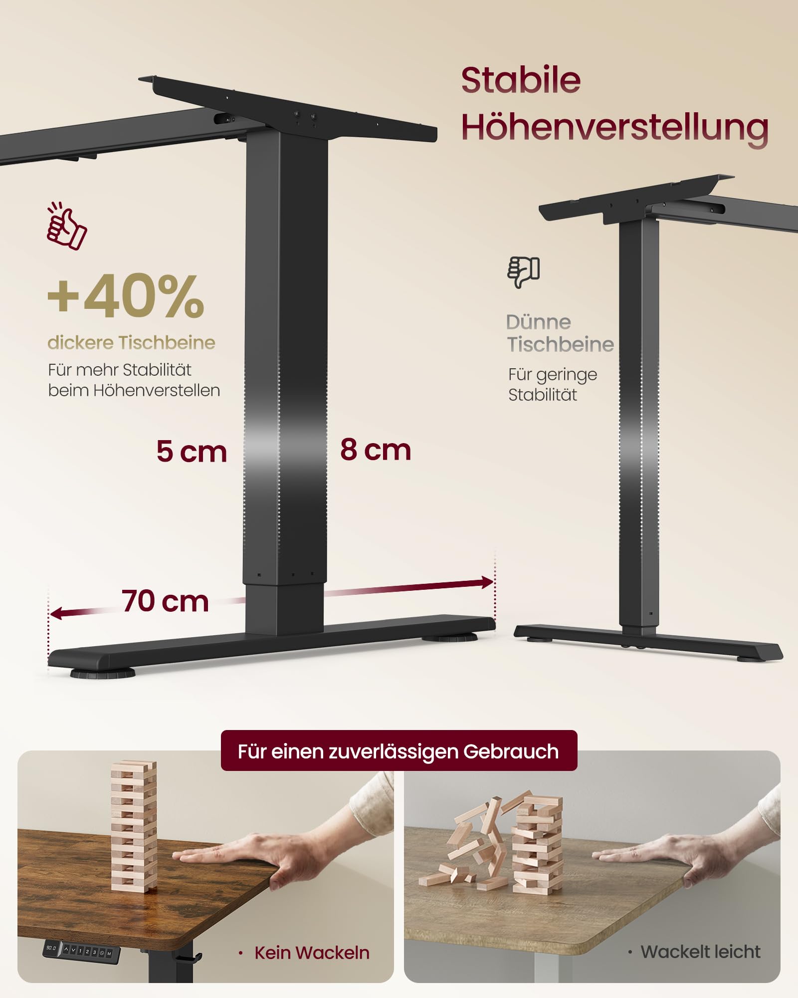 VASAGLE Höhenverstellbarer Schreibtisch, 180 x 80 cm, USB-C-Anschluss, Ablage für Steckdosenleiste, Stehtisch, Erinnerung bei langem Sitzen, 3 Speichertasten, für Büro, vintagebraun LSD148KD02 5