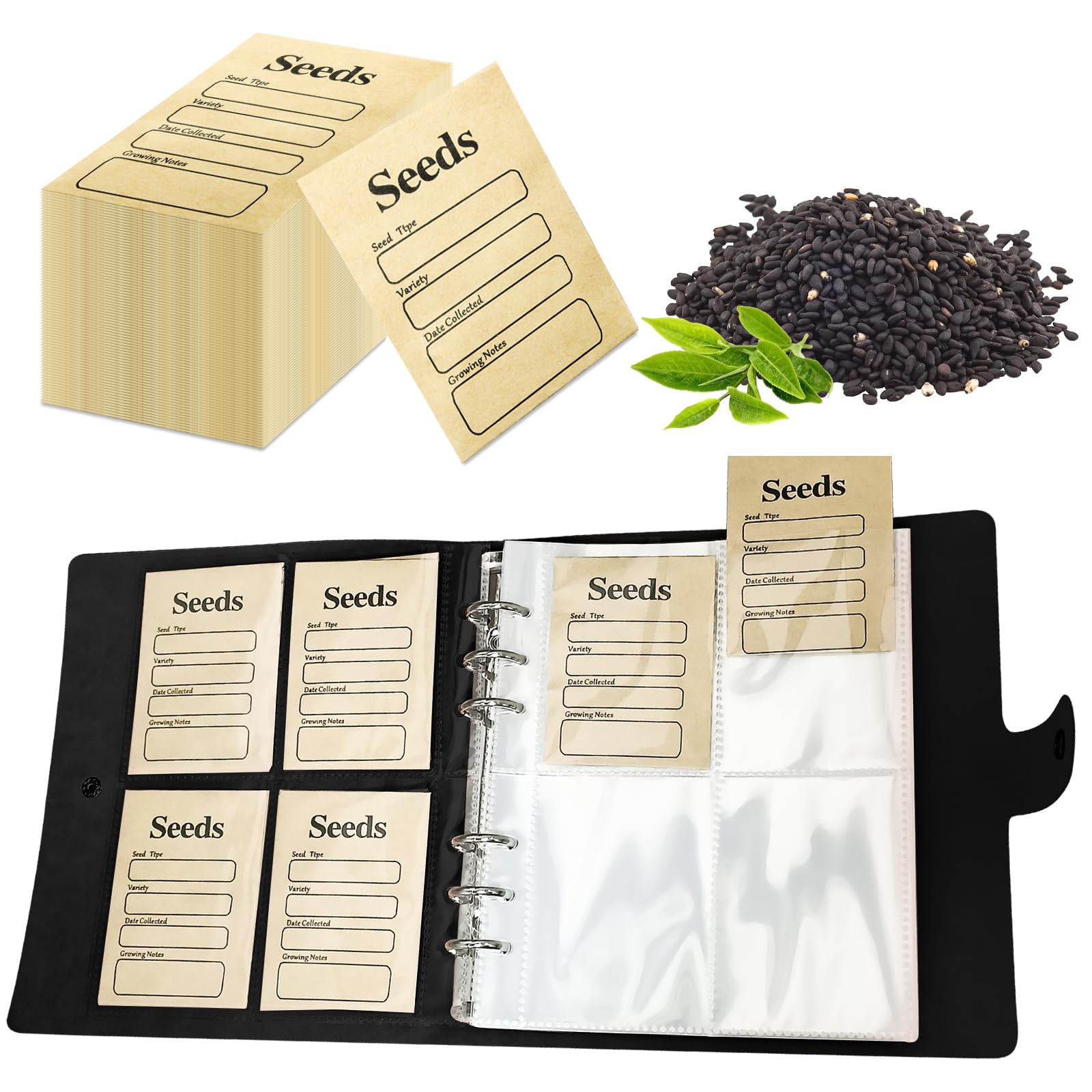 100Pcs Seed Storage Envelopes, Resealable Self Sealing Organizers, Black
