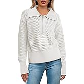 Doshoop Women's Half Zip Pullover Sweaters Crochet Lapel Collar Long Sleeve Knit Solid Color Jumper Tops