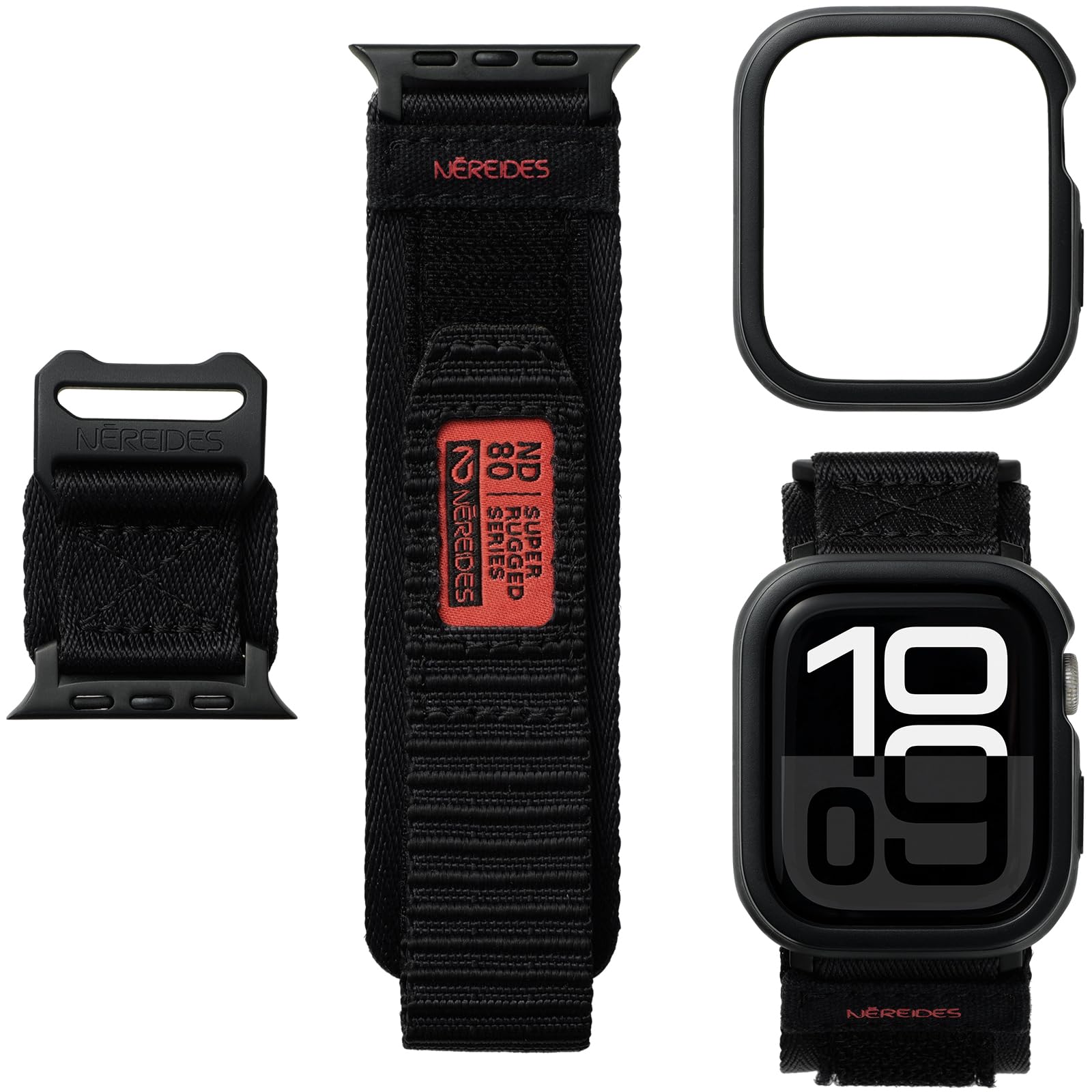 Nereides Rugged Case with Band Compatible with Apple Watch Series 11/10 46mm, Nylon Sport Replacement Band with Cover for iWatch Strap Men (Black)