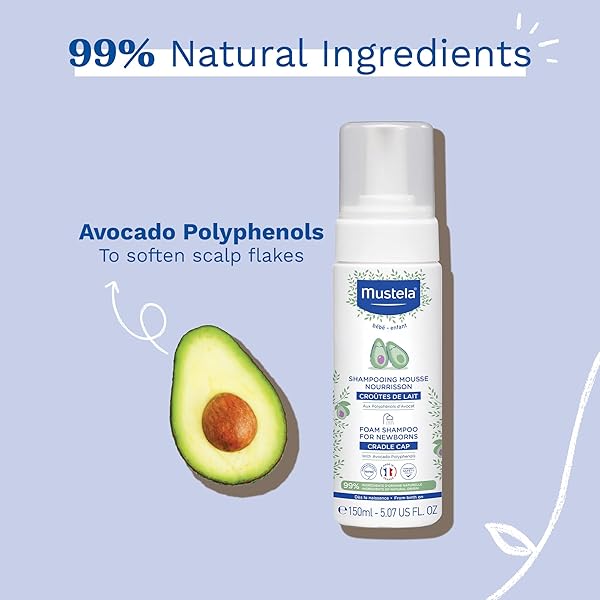 MUSTELA CRADLE CAP FOAM SHAMPOO FOR NEWBORN – BABY SHAMPOO WITH NATURALLY DERIVED AVOCADO POLYPHENOLS – TEAR-FREE & FRAGRANCE-FREE – 5.07 FL. OZ.