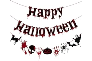 SUNBEAUTY Happy Halloween Banners Halloween Party Decorations Horror Themed Birthday Party Decorations with Bloody Spider Witches Pumpkin Backdrop Decor | Pre-Strung